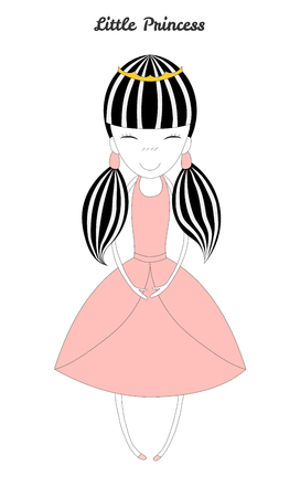 Hand drawn vector illustration of a little princess with her hair in pig tails, in a crown and pink dress, with text Little princess. Isolated objects on white background. Design concept for girls.のイラスト素材