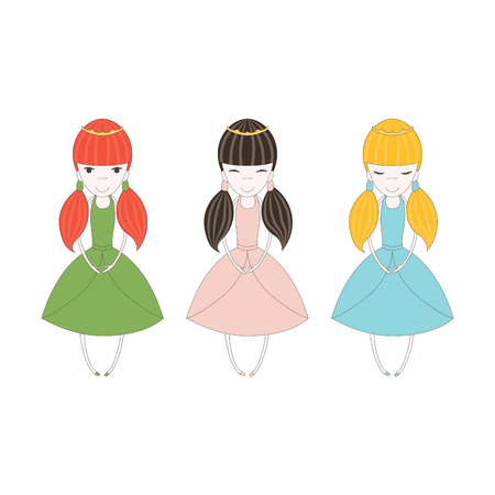 Hand drawn vector illustration of three little colorful princesses with pig tails, in crowns and dresses, with small hands and feet. Isolated objects on white background. Design concept for girlsのイラスト素材