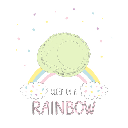 Hand drawn vector illustration of a cute curled up dragon sleeping on a rainbow, with clouds and stars, text Sleep on a rainbow. Isolated objects on white background. Design concept for children.のイラスト素材