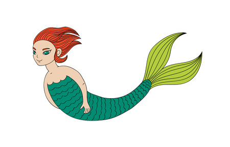 Hand drawn vector illustration of a smiling teenage mermaid swimming in the sea, with short ginger hair and green eyes. Isolated objects on white background. Design concept for girls.のイラスト素材