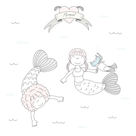 Hand drawn vector illustration of two cute little mermaid girls and a cat in swim fins and scuba mask, under water, heart and text. Isolated objects on white background. Design concept for kids.のイラスト素材