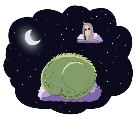 Hand drawn vector illustration of a sleeping princess and dragon floating on the clouds among the stars under the moon. Isolated objects. Design concept for children - postcard, poster, T-shirt print.のイラスト素材