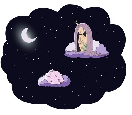Hand drawn vector illustration of a sleeping princess and rabbit floating on the clouds among the stars under the moon. Isolated objects. Design concept for children - postcard, poster, T-shirt print.のイラスト素材