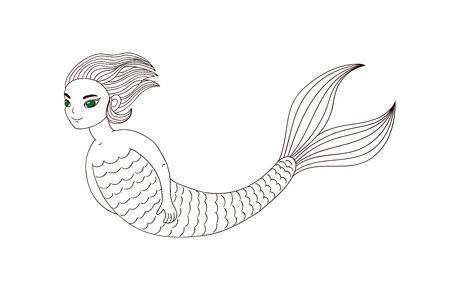 Hand drawn vector illustration of a smiling teenage mermaid swimming in the sea, with short hair and green eyes. Isolated objects on white background. Design concept for girls.のイラスト素材