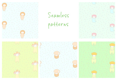Set of hand drawn cute seamless vector patterns with mushrooms: fly amanita, red capped scaber stalk, honey fungus, woolly milk cap, saffron milk cap, on green background. Design concept for children.のイラスト素材