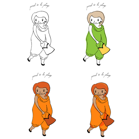 Hand drawn proud to be plump illustration of a cute curvy girl in jumpsuit, holding handbag. Set of alternatively colored images. Postcard, sticker, T-shirt print.のイラスト素材