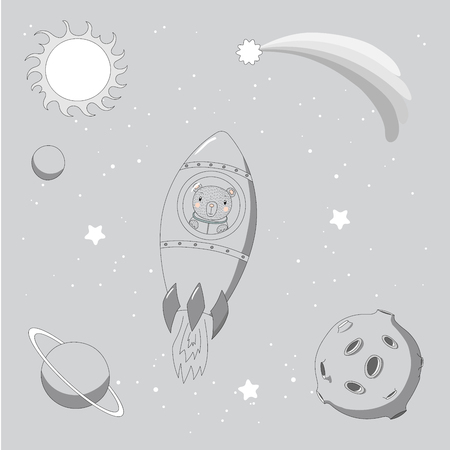 Hand drawn monochrome vector illustration of a cute funny rabbit astronaut flying in a rocket in outer space, on a background with stars and planets. Isolated objects. Design concept for children.のイラスト素材