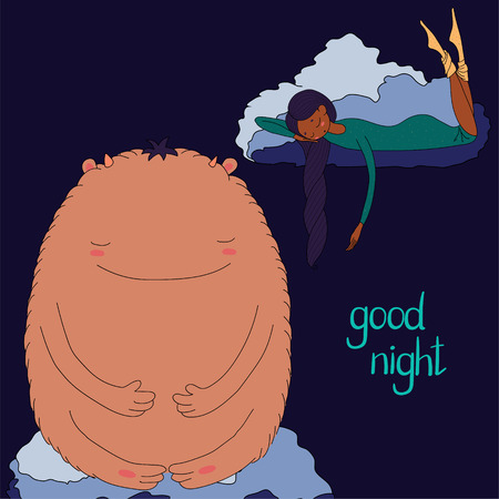 Hand drawn vector illustration of a sleeping dark skinned girl and cute monster floating on the clouds, with text Good night. Isolated objects. Design concept for children - postcard, T-shirt printのイラスト素材