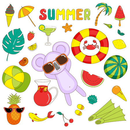 Set of hand drawn bright summer stickers with cute cartoon koala, fruits, drinks, sea creatures and various objects, with text.  Isolated objects on white background. Design concept beach holidays.のイラスト素材