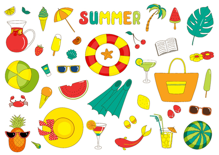 Set of hand drawn bright summer stickers with cartoon sea creatures, fruits, drinks, ice cream and various objects, with text.  Isolated objects on white background. Design concept beach vacations.のイラスト素材