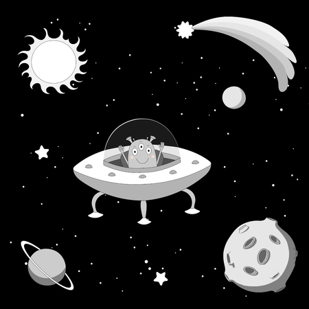 Hand drawn black and white vector illustration of a cute funny alien in a flying saucer in outer space, on a dark background with stars and planets. Isolated objects. Design concept for children.のイラスト素材