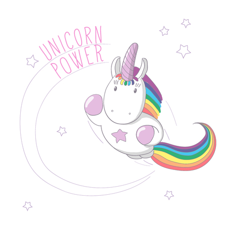 Hand drawn vector illustration of a unicorn with rainbow mane and tail flying like super hero, with text Unicorn power. Isolated objects. Design concept for children - postcard, poster, T-shirt print.のイラスト素材