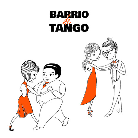 Hand drawn vector illustration of two dancing couples with Spanish text Barrio de tango, meaning Tango district. Design concept for poster, postcard, milonga, tango festival or school promo materials.のイラスト素材