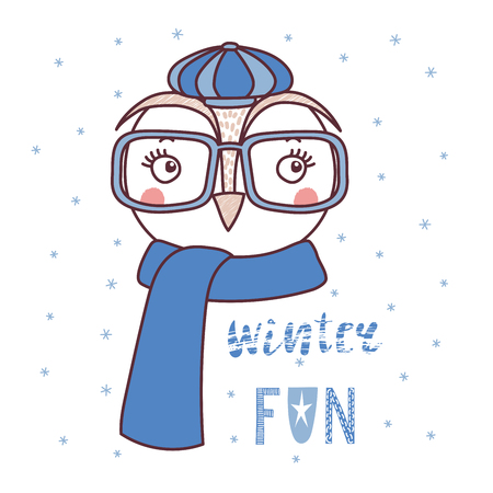 Hand drawn vector portrait of a cute cartoon funny owl in a cap, muffler, glasses, text Winter fun. Isolated objects on white background with snowflakes. Vector illustration. Design concept for kids.のイラスト素材
