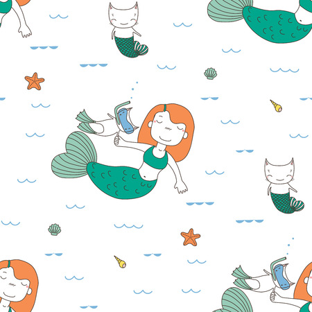 Hand drawn seamless vector pattern with a cute funny little mermaid girl, cat, diving cat in the sea, waves, shells, crab, starfish.のイラスト素材