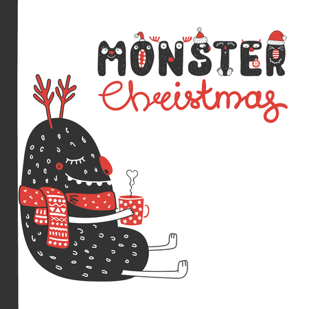 Hand drawn Christmas greeting card with a cute funny monster in a muffler, holding a steaming mug. Isolated objects on white background. Design concept for kids, winter holidays. Vector illustration.のイラスト素材