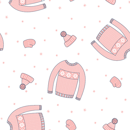 Hand drawn seamless vector pattern with warm pink mittens, sweater, knitted hat, on a white background with snowflakes. Design concept for Christmas, winter, kids print, wallpaper, wrapping paper.のイラスト素材