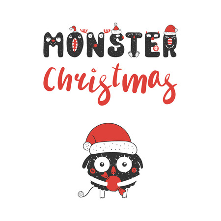Hand drawn Christmas greeting card with a cute funny little monster in Santa Claus hat.のイラスト素材