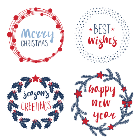 Collection of different New Year, Christmas quotes in round frames. Design concept winter holidays.のイラスト素材