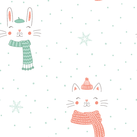 Hand drawn seamless vector pattern with cute animal faces in warm hats, mufflers, on a white background with snowflakes.のイラスト素材