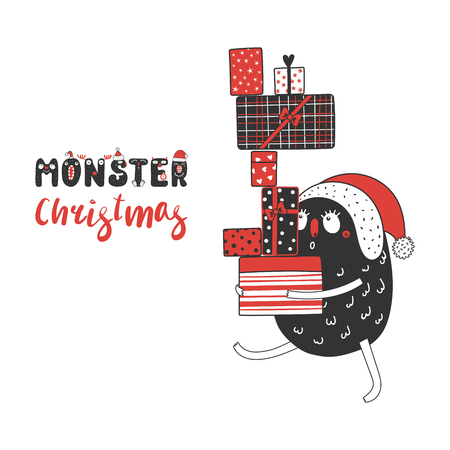 Hand drawn Christmas greeting card with a cute funny monster in Santa hat carrying a lot of presents. Isolated objects on white background. Design concept kids, winter holidays. Vector illustration.のイラスト素材