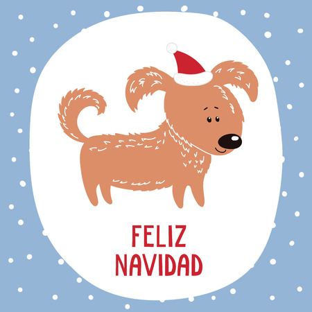 Hand drawn greeting card with cute funny cartoon dog in a hat, Spanish text Feliz Navidad (Happy Christmas). Isolated objects on white background. Vector illustration. Design concept winter holidays.のイラスト素材