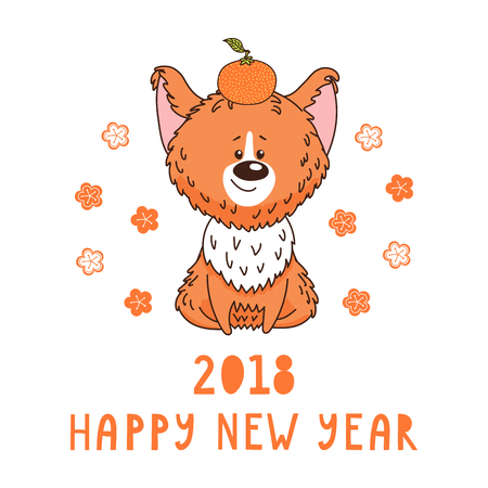 Hand drawn New Year greeting card with cute funny cartoon dog with a tangerine, typography. Isolated objects on white background. Vector illustration. Design concept for children, winter holidays.のイラスト素材