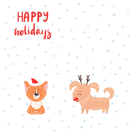 Hand drawn winter holidays greeting card with cute funny cartoon dogs, typography. Isolated objects on white background. Vector illustration. Design concept for children, Christmas, New Year.のイラスト素材