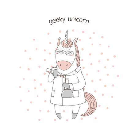 Hand drawn vector illustration of a cute funny cartoon unicorn in a lab coat, with chemical reagents, with text. Isolated objects. Design concept for children, geek culture.のイラスト素材