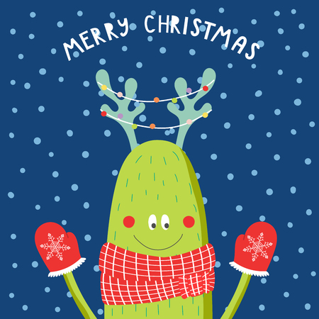 Hand drawn Christmas greeting card with cute funny monster with deer antlers.のイラスト素材