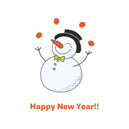 Hand drawn Happy New Year greeting card with cute funny cartoon snowman.のイラスト素材