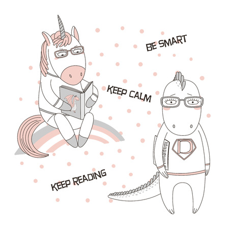 Hand drawn illustration of a cute funny cartoon unicorn reading a book, dragon in glasses and sweatshirt, holding a comic, text. Design concept for children, geek culture.のイラスト素材