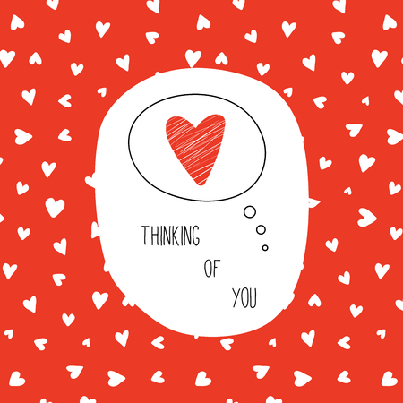 Hand drawn Valentines day greeting card with red heart in a thought bubble and text Thinking of you. Isolated objects on red background. Vector illustration. Design concept for children.のイラスト素材