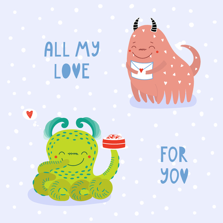 Hand drawn cute cartoon alien monsters with romantic quoteのイラスト素材