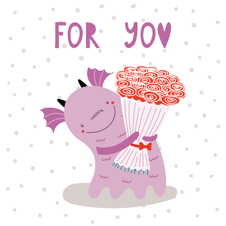 Hand drawn vector illustration of a cute funny cartoon alien monster, holding a bouquet of roses, with typography. Isolated objects on white background. Design concept for children, Valentines day.のイラスト素材