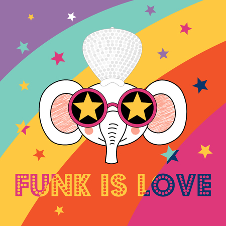 Hand drawn vector portrait of a cute funny cartoon elephant in funky hat and glasses, with typography. Isolated objects. Vector illustration. Design concept for children.のイラスト素材