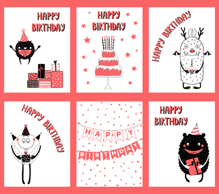 Set of hand drawn birthday cards, gift tags templates with cute funny cartoon monsters in party hats, typography. Vector illustration. Isolated objects. Design concept children, birthday celebration.のイラスト素材
