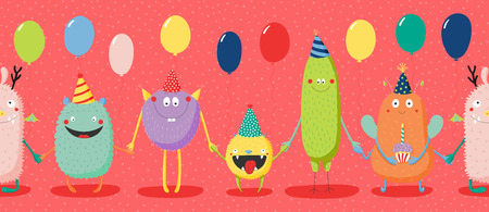 Hand drawn seamless horizontal vector pattern with cute funny monsters in party hats, smiling and holding hands, balloons. Vector illustration. Design concept for children, birthday celebration.のイラスト素材