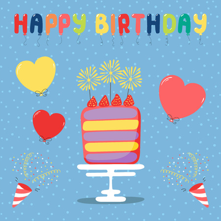 Hand drawn birthday card with a cartoon layer cake with strawberries and sparklers, balloons, party poppers, text. Vector illustration. Isolated objects. Design concept children, birthday celebrationのイラスト素材