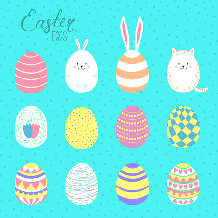 Set of hand drawn cute cartoon Easter eggs. Isolated objects. Vector illustration. Festive design elements. Concept for greeting card, invitation.のイラスト素材