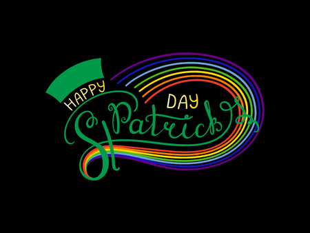 Hand written Happy Saint Patrick's day lettering with rainbow. Isolated objects on black. Vector illustration. Design concept for greeting card, banner, celebration.のイラスト素材