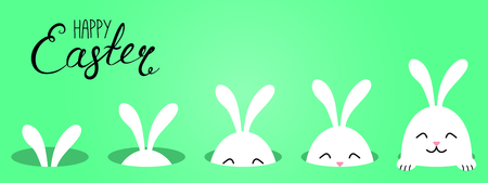 Hand drawn vector illustration with cute cartoon bunny looking from a hole, Happy Easter text. Isolated objects. Vector illustration. Festive design elements. Concept for greeting card, invitation.のイラスト素材