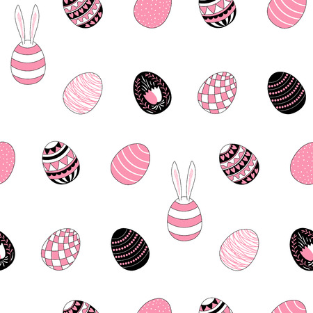 Hand drawn seamless vector pattern with different Easter eggs, on a white background. Design concept for Easter celebration, kids textile print, wallpaper, wrapping paper.のイラスト素材