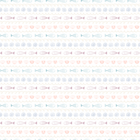 Cute hand drawn seamless vector pattern with ocean waves, fish, sea shells, on a white background. Scandinavian design style. Concept for summer, beach, kids textile print, wallpaper, wrapping paper.のイラスト素材