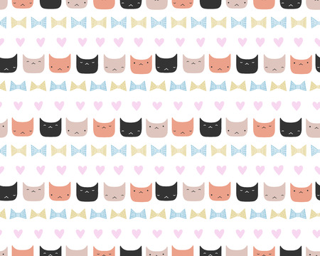 Cute hand drawn seamless vector pattern with funny cat faces, bows, hearts, on a white background. Scandinavian design style. Concept for kids textile print, wallpaper, wrapping paper.のイラスト素材