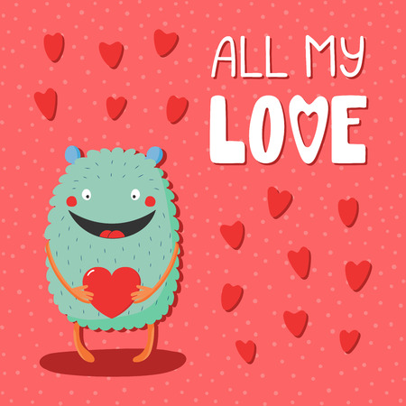 Hand drawn vector illustrations with a cute funny cartoon monster holding a heart, with text All my love. Isolated objects. Design concept for children, Valentines day.のイラスト素材