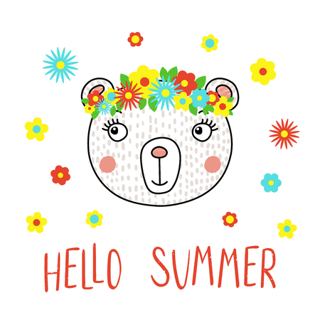Hand drawn vector portrait of a cute funny bear with flowers, text Hello Summer. Isolated objects on white background. Vector illustration. Design concept for children.のイラスト素材