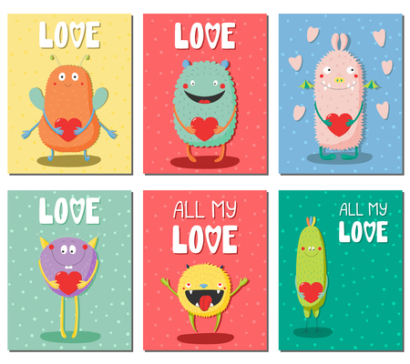Set of hand drawn ready to use cards, gift tags templates with cute funny cartoon monsters holding hearts, text. Vector illustration. Isolated objects. Design concept for children, Valentines day.のイラスト素材