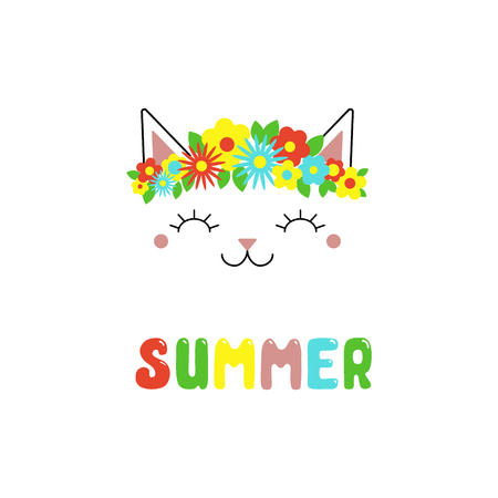 Hand drawn vector portrait of a cute funny cat with flowers, text Summer. Isolated objects on white background. Vector illustration. Design concept for children.のイラスト素材