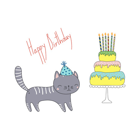 Hand drawn Happy Birthday greeting card with cute funny cartoon cat in a party hat, cake on a cake stand, text. Isolated objects on white background. Vector illustration. Design concept for kids.のイラスト素材
